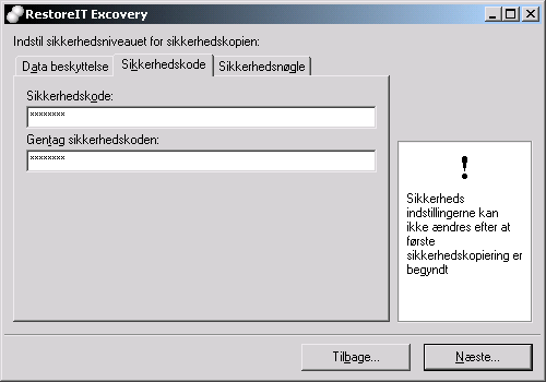 Indtastning af backup sikkerhedskode i Excovery