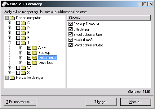 Valg af mapper og filer til din backup i Excovery