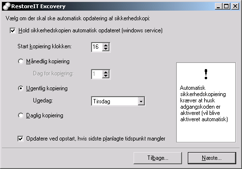 Indstillingsmuligheder for automatisk opdatering i Excovery