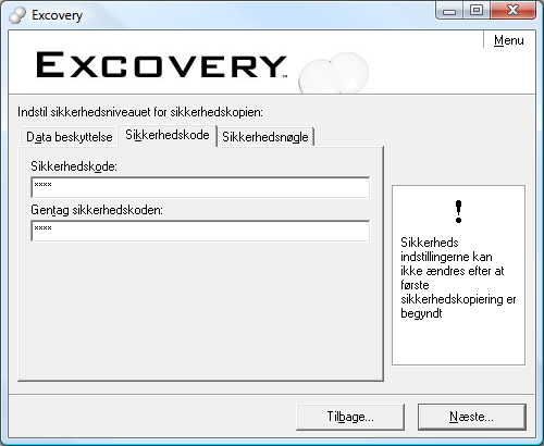 Opstning af backup sikkerhedskode i Excovery