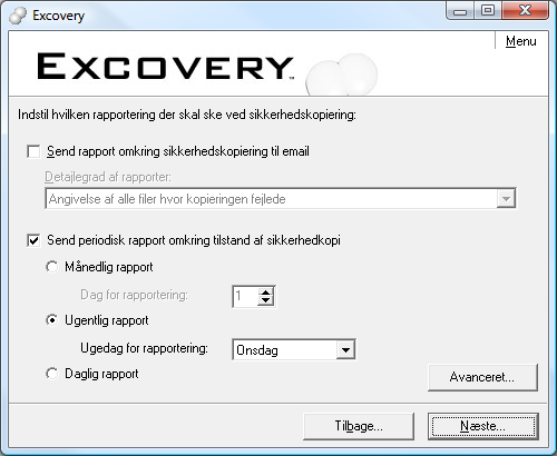 Indstillingsmuligheder for rapportering omkring backup status i Excovery