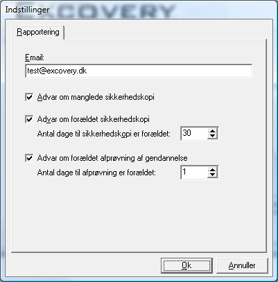 Advanceret indstillingsmuligheder for rapportering omkring backup status i Excovery