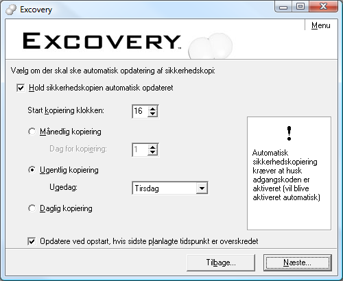 Indstillingsmuligheder for automatisk opdatering i Excovery