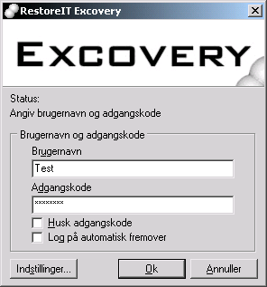 Loginvinduet i Excovery