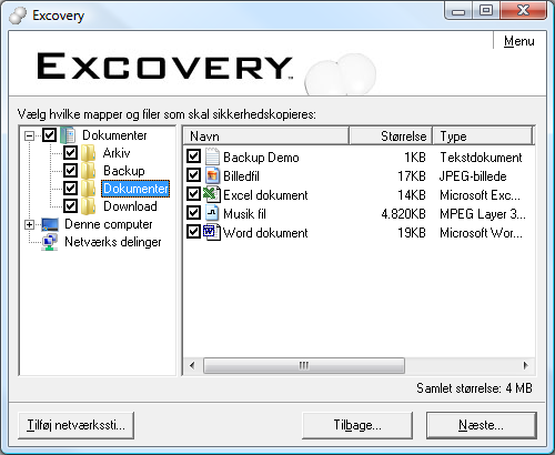 Valg af mapper og filer til din backup i Excovery